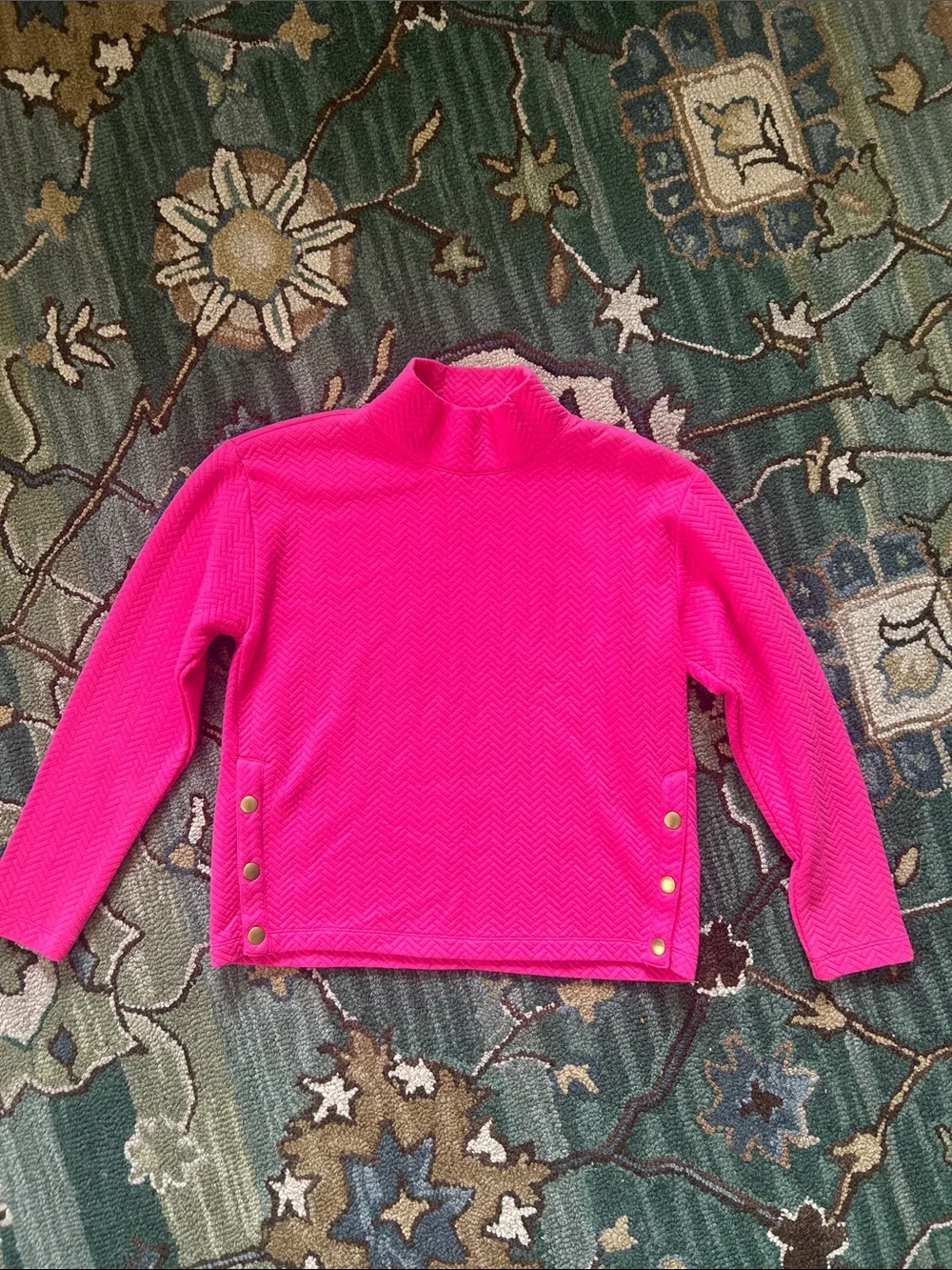 JCREW Woman’s Bright Hot Pink Mock Neck Sweater with Gold Side Snaps